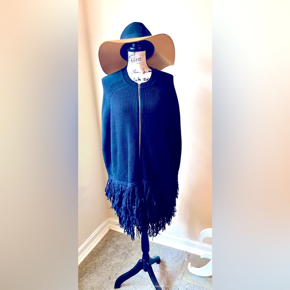Alexander McQueen black wool zippered, tasseled, knee length cape size L.